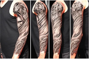 Show me a full arm sleeve tattoo for men that includes dark mythology and symbolism tattoo idea