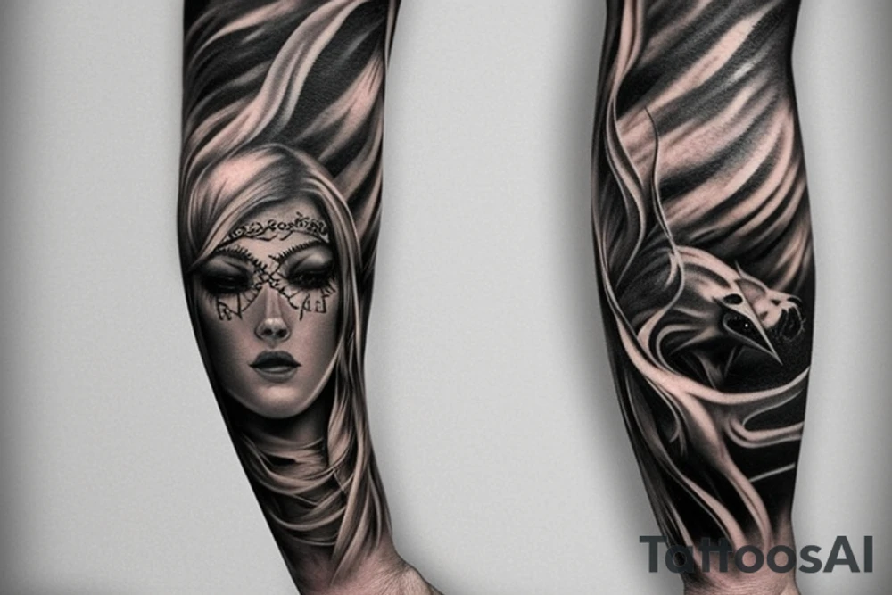 Show me a full arm sleeve tattoo for men that includes dark mythology and symbolism tattoo idea