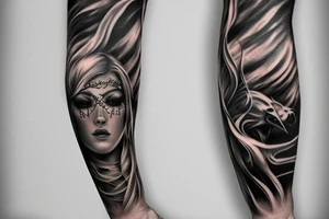 Show me a full arm sleeve tattoo for men that includes dark mythology and symbolism tattoo idea