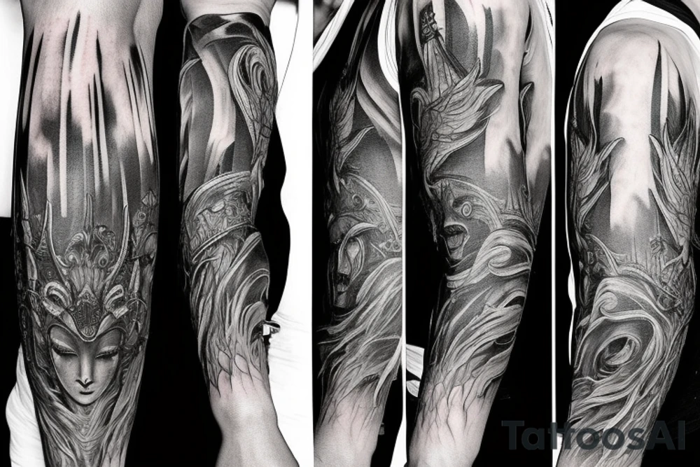 Show me a full arm sleeve tattoo for men that includes dark mythology and symbolism tattoo idea