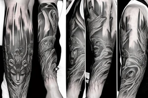 Show me a full arm sleeve tattoo for men that includes dark mythology and symbolism tattoo idea