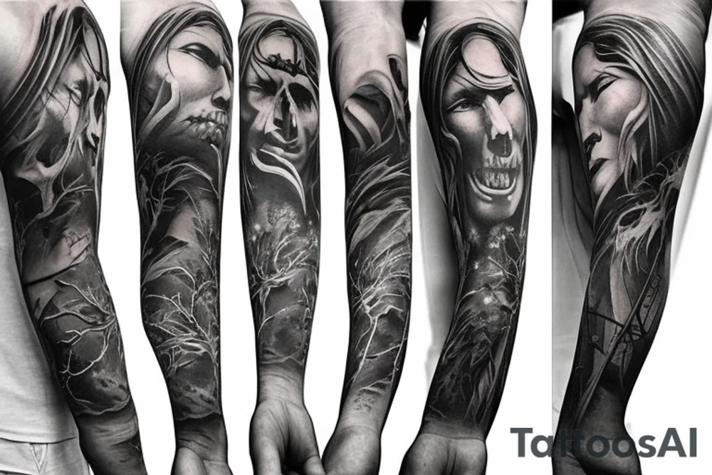 Show me a full arm sleeve tattoo for men that includes dark mythology and symbolism tattoo idea