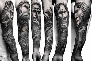 Show me a full arm sleeve tattoo for men that includes dark mythology and symbolism tattoo idea