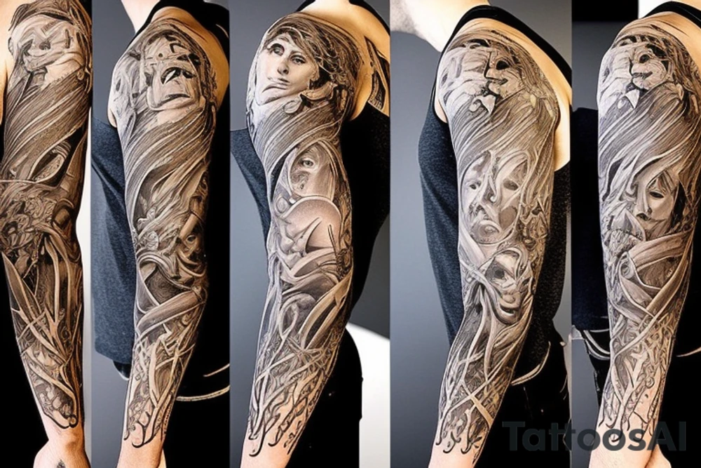 Show me a full arm sleeve tattoo for men that includes dark mythology and symbolism tattoo idea