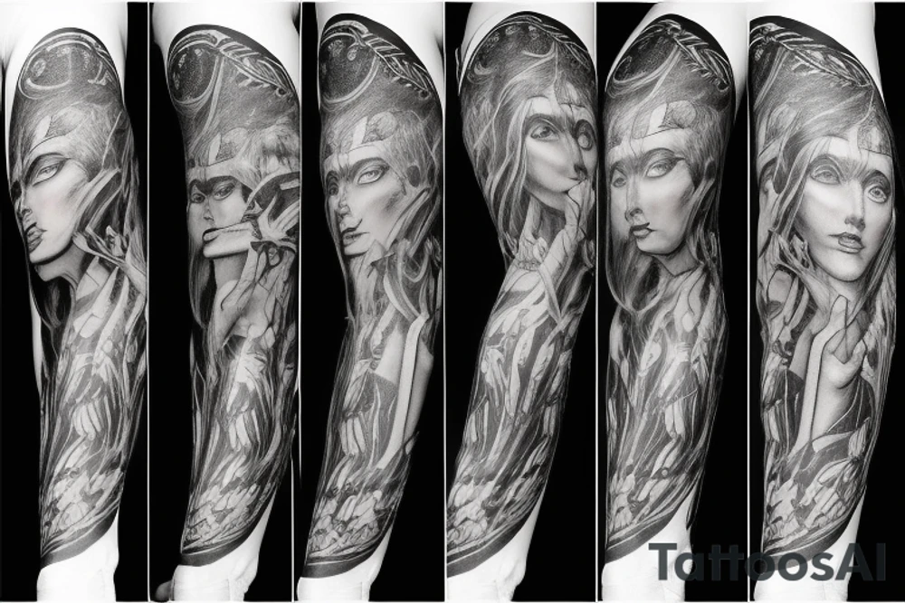 Show me a full arm sleeve tattoo for men that includes dark mythology and symbolism tattoo idea