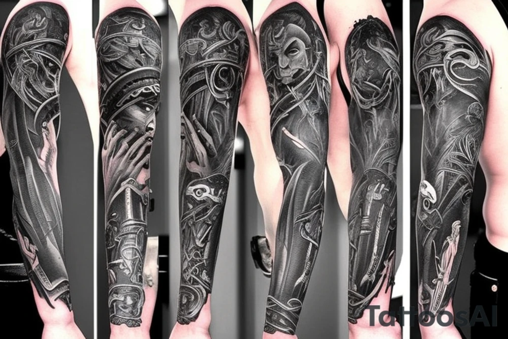 Show me a full arm sleeve tattoo for men that includes dark mythology and symbolism tattoo idea