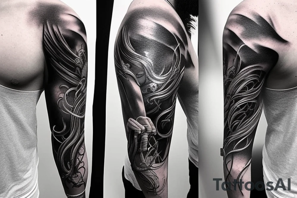 Show me a full arm sleeve tattoo for men that includes dark mythology and symbolism tattoo idea