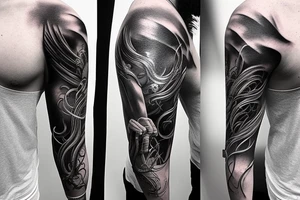 Show me a full arm sleeve tattoo for men that includes dark mythology and symbolism tattoo idea