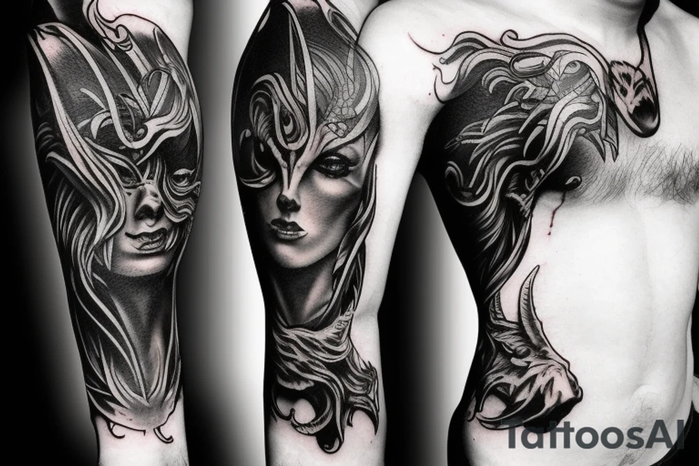 Show me a full arm sleeve tattoo for men that includes dark mythology creatures and symbolism tattoo idea