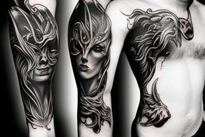 Show me a full arm sleeve tattoo for men that includes dark mythology creatures and symbolism tattoo idea