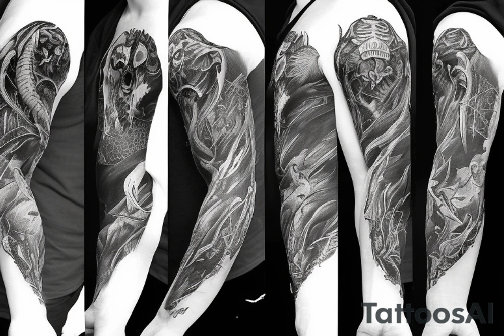 Show me a full arm sleeve tattoo for men that includes dark mythology creatures and symbolism tattoo idea