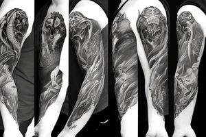Show me a full arm sleeve tattoo for men that includes dark mythology creatures and symbolism tattoo idea