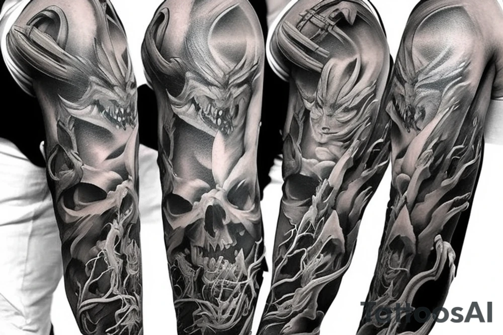 Show me a full arm sleeve tattoo for men that includes dark mythology creatures and symbolism tattoo idea