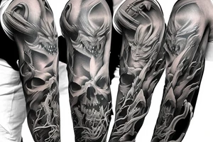 Show me a full arm sleeve tattoo for men that includes dark mythology creatures and symbolism tattoo idea