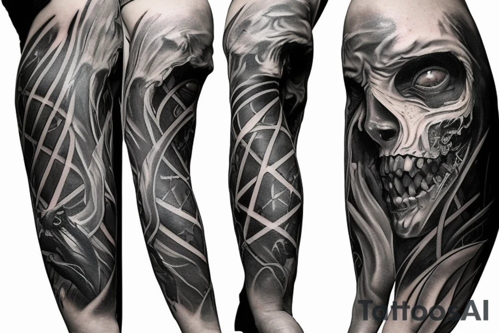 Show me a full arm sleeve tattoo for men that includes dark mythology creatures and symbolism tattoo idea