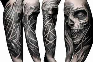 Show me a full arm sleeve tattoo for men that includes dark mythology creatures and symbolism tattoo idea