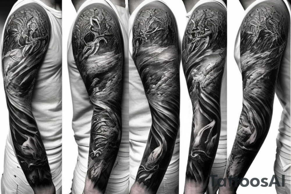 Show me a full arm sleeve tattoo for men that includes dark mythology creatures and symbolism tattoo idea