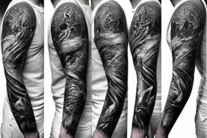 Show me a full arm sleeve tattoo for men that includes dark mythology creatures and symbolism tattoo idea