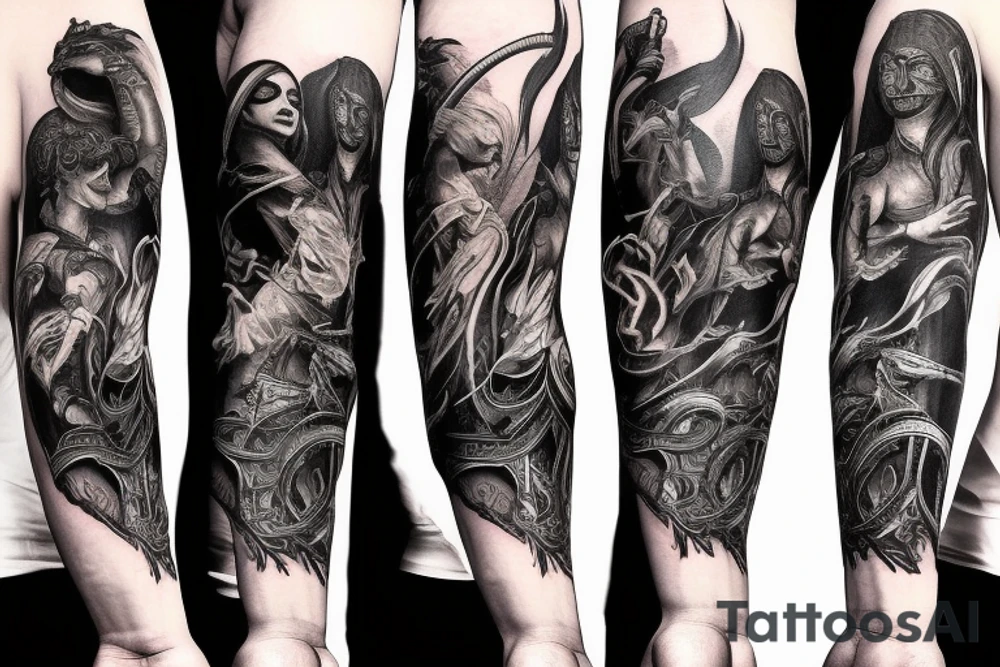 Show me a full arm sleeve tattoo for men that includes dark mythology creatures and symbolism tattoo idea