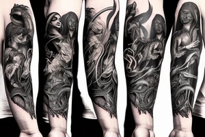 Show me a full arm sleeve tattoo for men that includes dark mythology creatures and symbolism tattoo idea