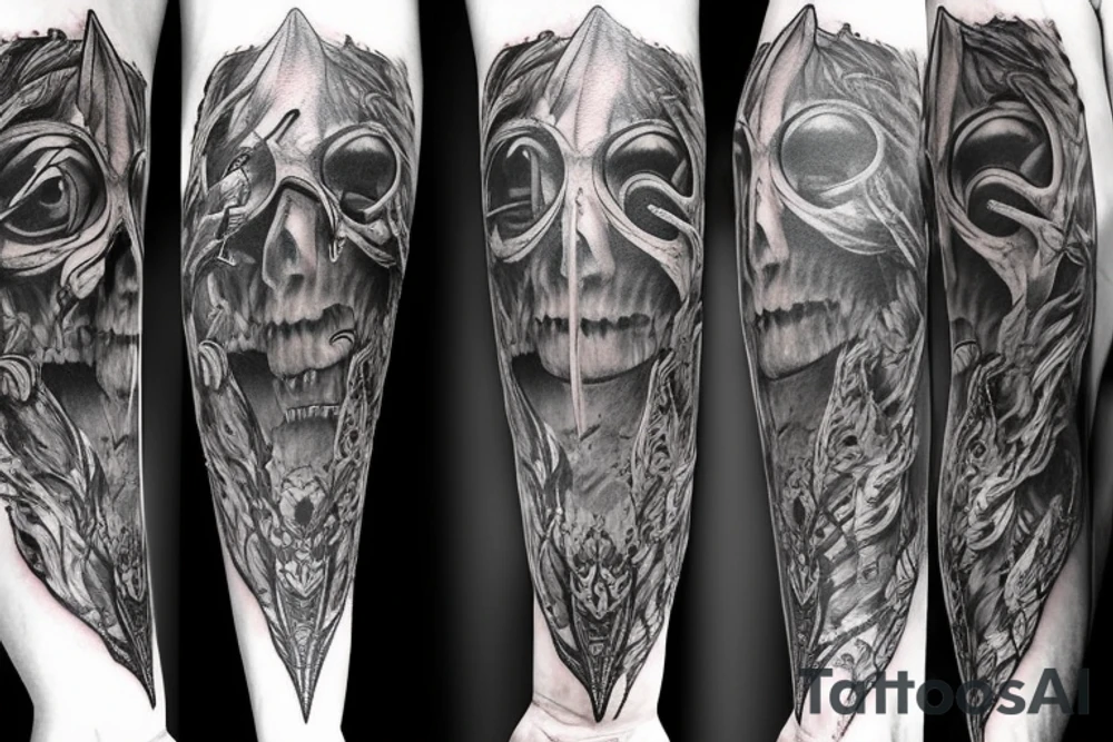 Show me a full arm sleeve tattoo for men that includes dark mythology creatures and symbolism tattoo idea