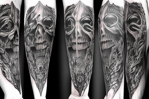 Show me a full arm sleeve tattoo for men that includes dark mythology creatures and symbolism tattoo idea