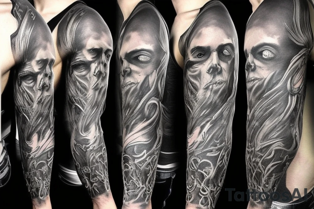 Show me a full arm sleeve tattoo for men that includes dark mythology creatures and symbolism tattoo idea