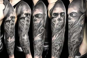 Show me a full arm sleeve tattoo for men that includes dark mythology creatures and symbolism tattoo idea