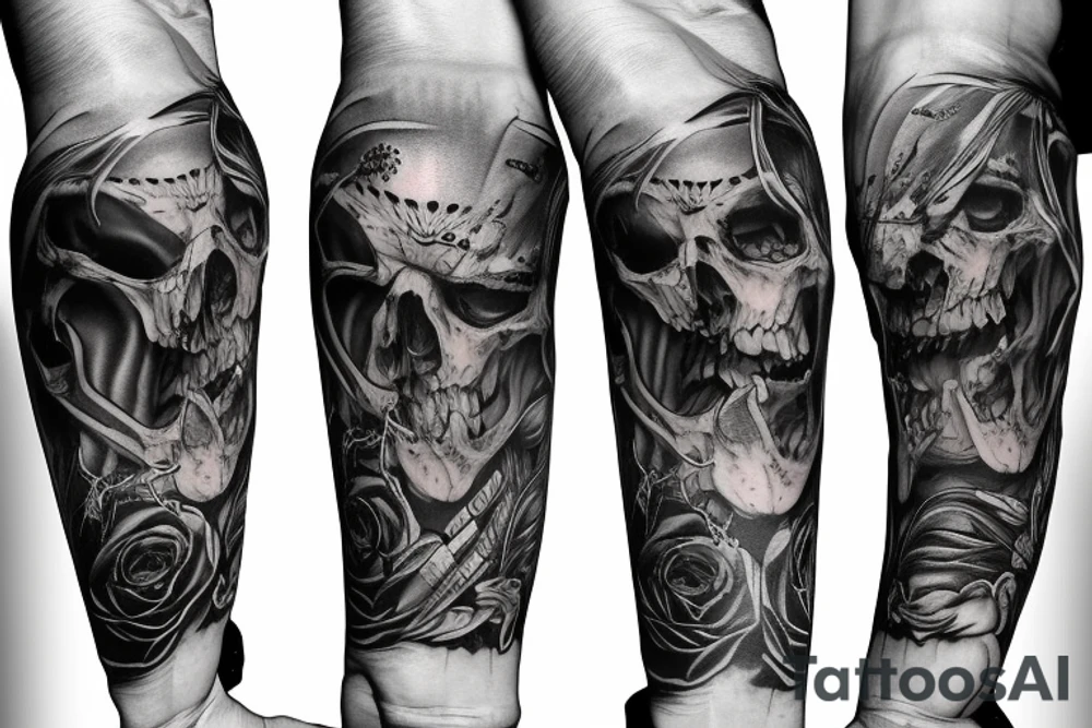 Show me a full arm sleeve tattoo for men that includes dark mythology creatures and symbolism tattoo idea