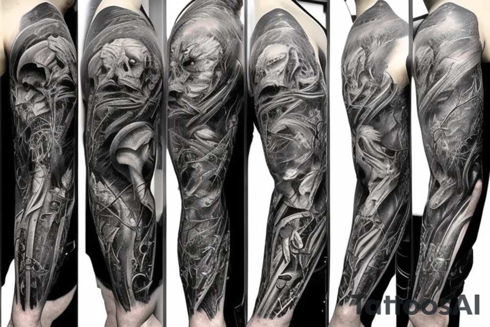 Show me a full arm sleeve tattoo for men that includes dark mythology creatures and symbolism tattoo idea