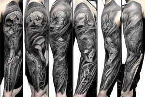 Show me a full arm sleeve tattoo for men that includes dark mythology creatures and symbolism tattoo idea