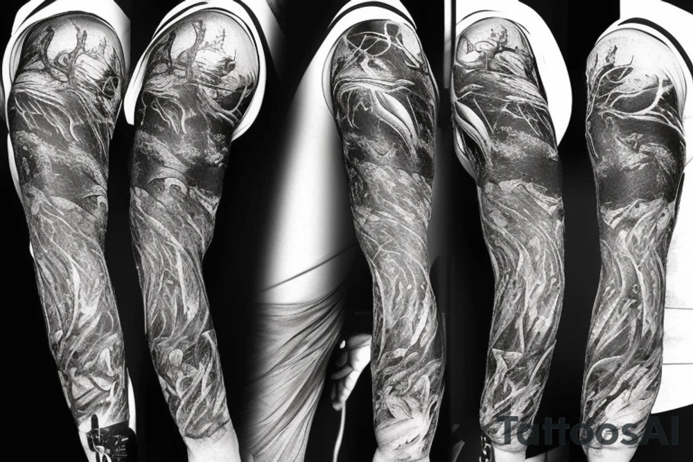 Show me a full arm sleeve tattoo for men that includes dark mythology creatures and symbolism tattoo idea