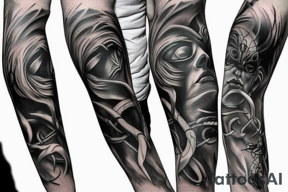 Show me a full arm sleeve tattoo for men that includes dark mythology creatures and symbolism tattoo idea