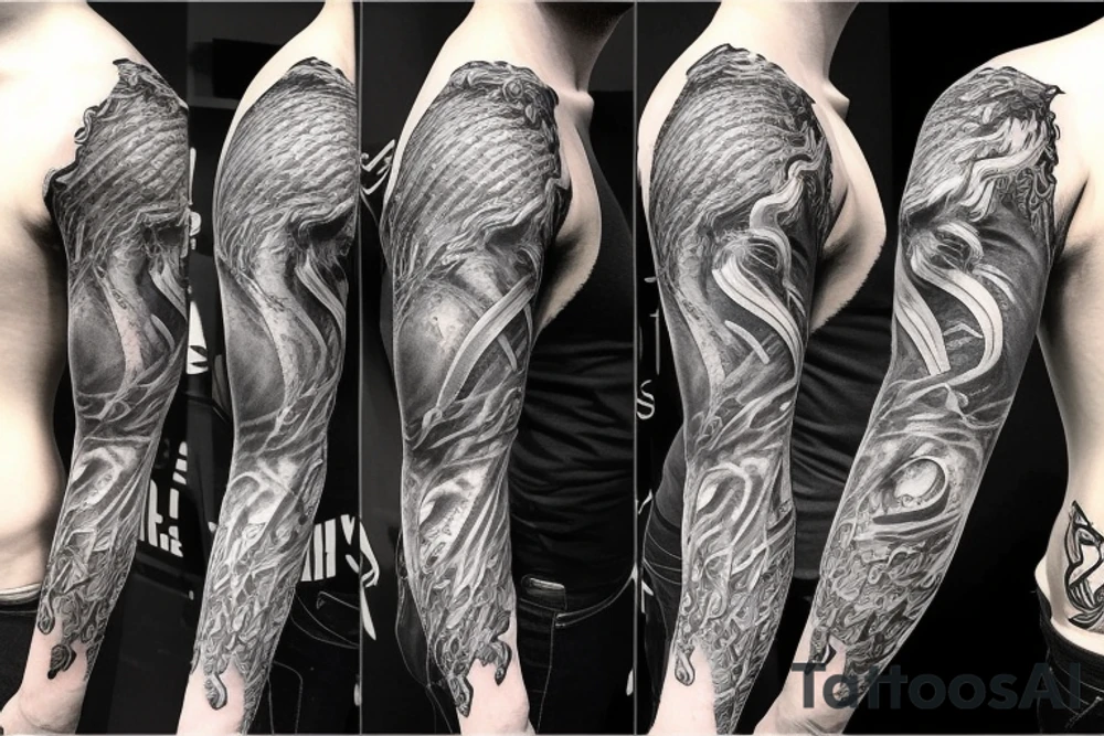 Show me a full arm sleeve tattoo for men that includes dark mythology creatures and symbolism tattoo idea