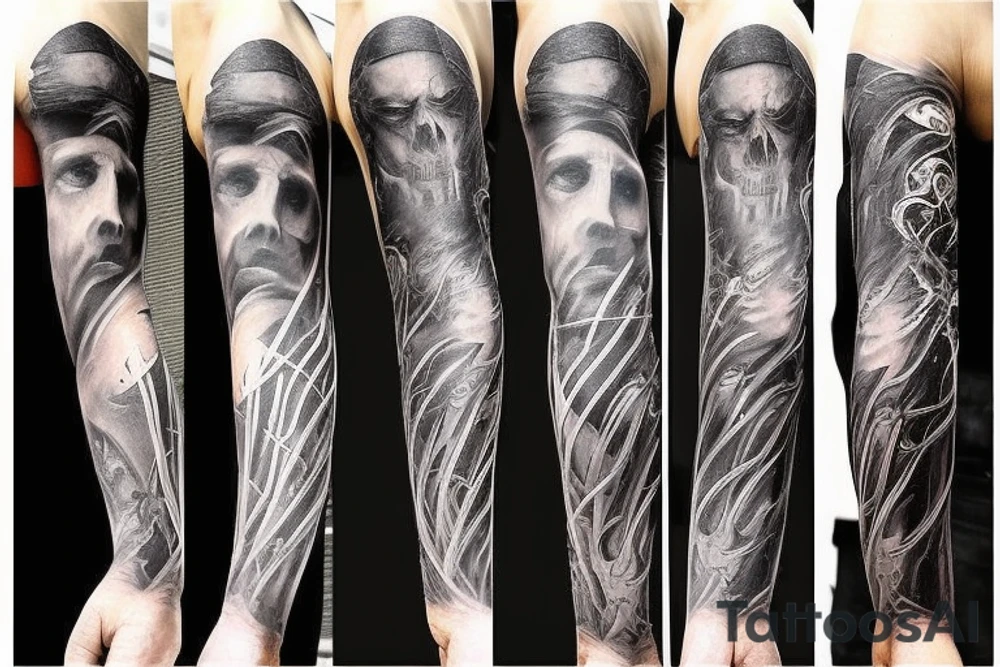 Show me a full arm sleeve tattoo for men that includes dark mythology creatures and symbolism tattoo idea