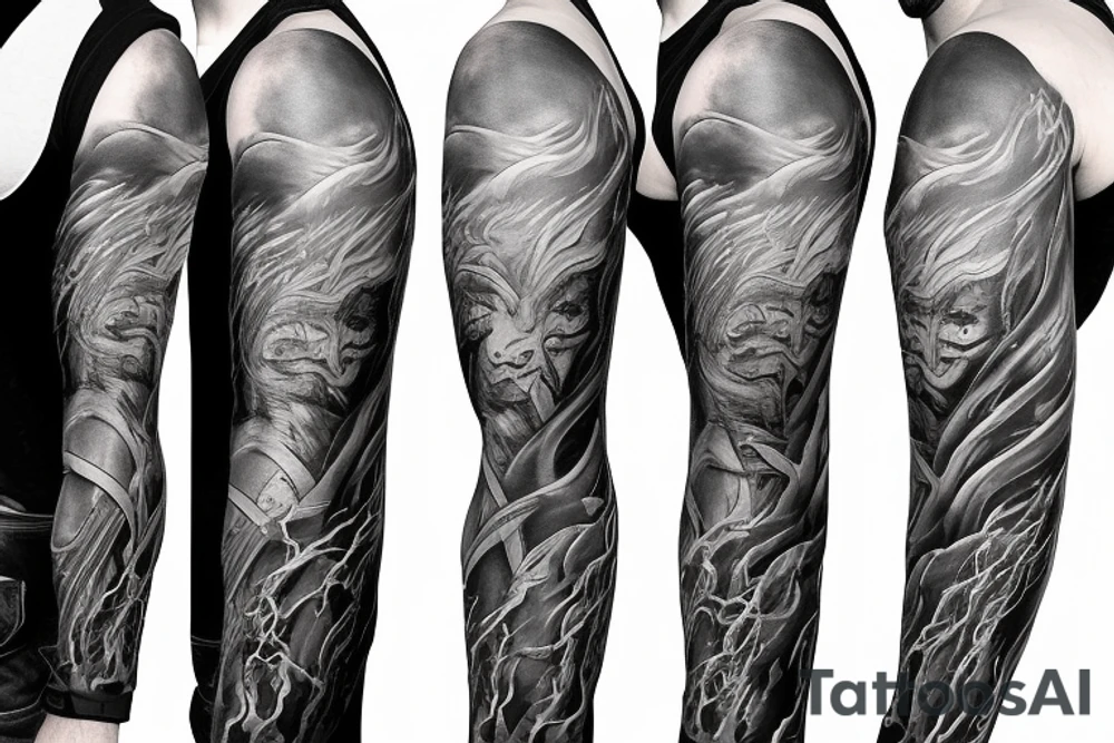 Show me a full arm sleeve tattoo for men that includes dark mythology creatures and symbolism tattoo idea