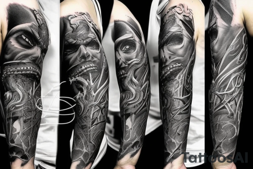 Show me a full arm sleeve tattoo for men that includes dark mythology creatures and symbolism tattoo idea