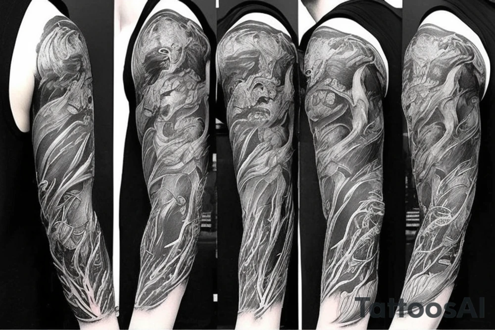 Show me a full arm sleeve tattoo for men that includes dark mythology creatures and symbolism tattoo idea