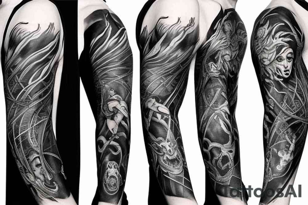 Show me a full arm sleeve tattoo for men that includes dark mythology creatures and symbolism tattoo idea