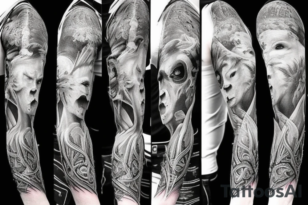 Show me a full arm sleeve tattoo for men that includes dark mythology creatures and symbolism tattoo idea