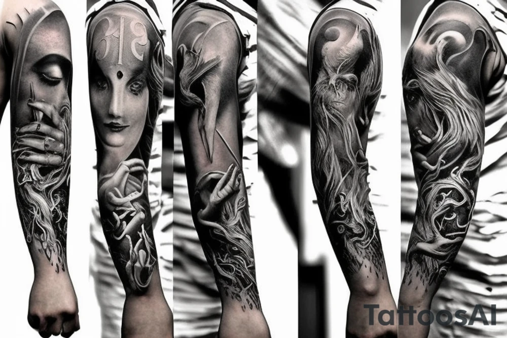 Show me a full arm sleeve tattoo for men that includes dark mythology creatures and symbolism tattoo idea