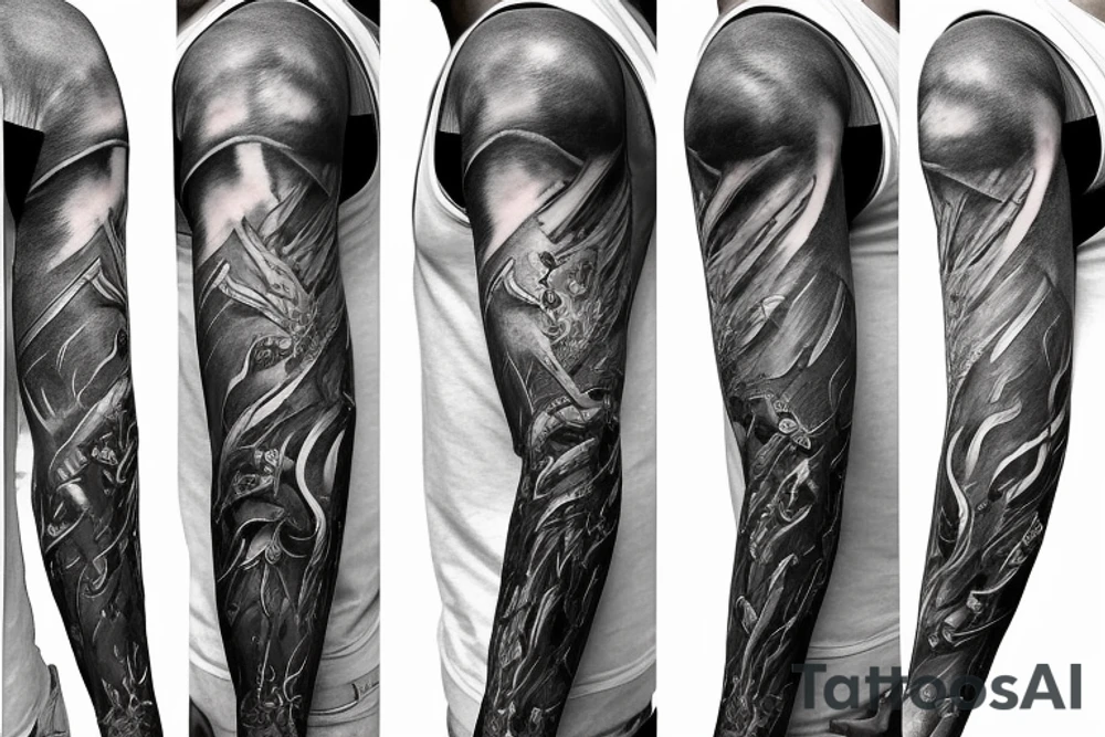Show me a full arm sleeve tattoo for men that includes dark mythology creatures and symbolism tattoo idea