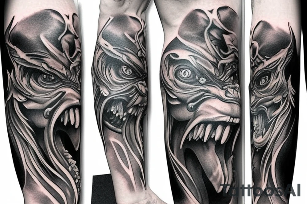 Show me a full arm sleeve tattoo for men that includes dark mythology creatures and symbolism tattoo idea