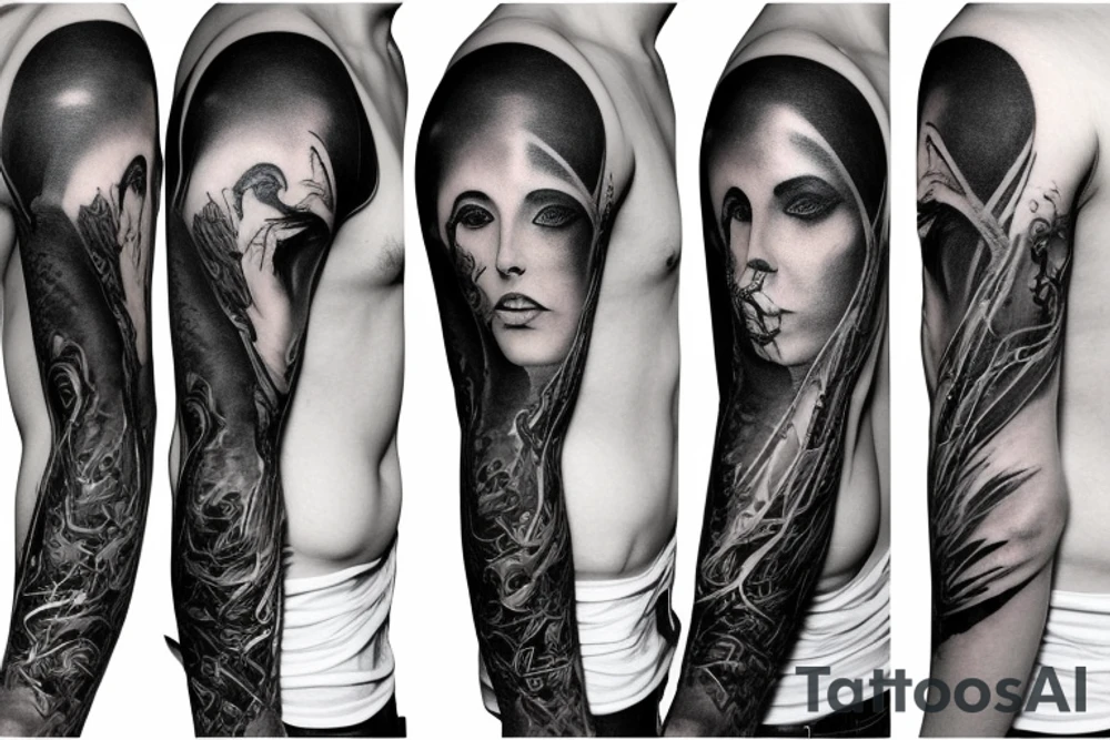 Show me a full arm sleeve tattoo for men that includes dark mythology creatures and symbolism tattoo idea