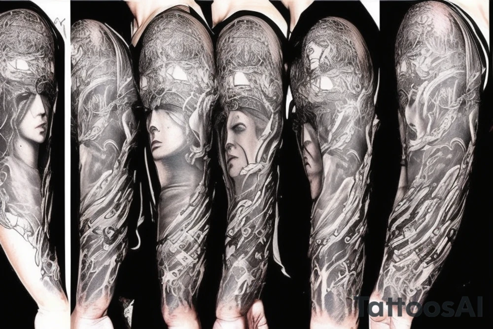 Show me a full arm sleeve tattoo for men that includes dark mythology creatures and symbolism tattoo idea
