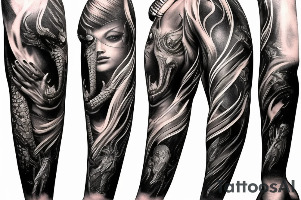 Show me a full arm sleeve tattoo for men that includes dark mythology creatures and symbolism tattoo idea