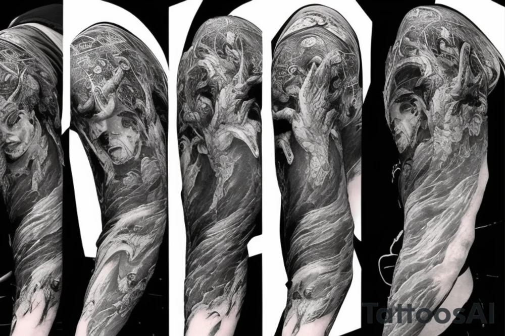 Show me a full arm sleeve tattoo for men that includes dark mythology creatures and symbolism tattoo idea