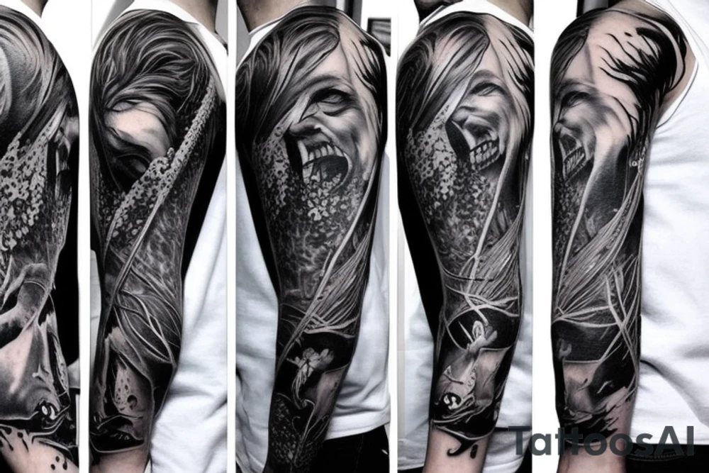 Show me a full arm sleeve tattoo for men that includes dark mythology creatures and symbolism tattoo idea