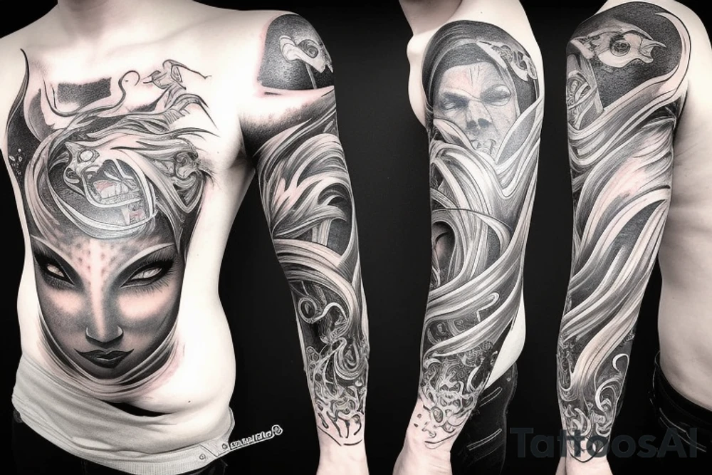 Show me a full arm sleeve tattoo for men that includes dark mythology creatures and symbolism tattoo idea