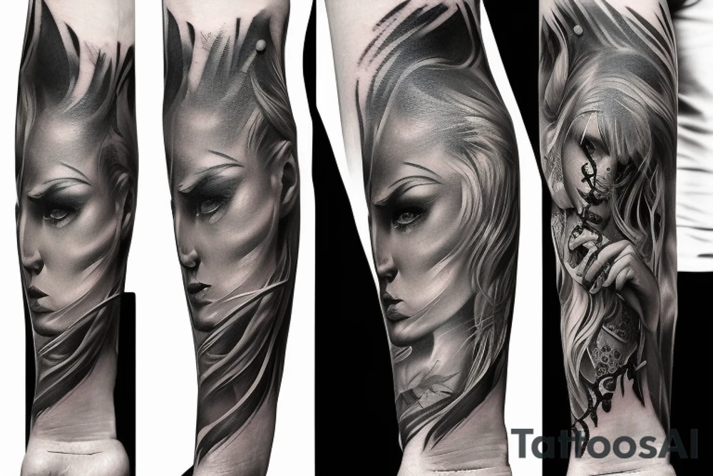 Show me a full arm sleeve tattoo for men that includes dark mythology creatures and symbolism tattoo idea